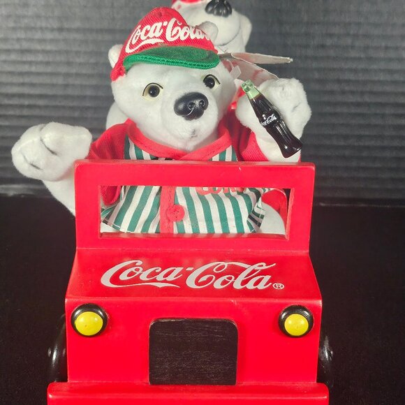 Vintage Red Wooden Coca Cola Truck With 2 White Coca Cola Bean Bag Plush Bears - Picture 2 of 11